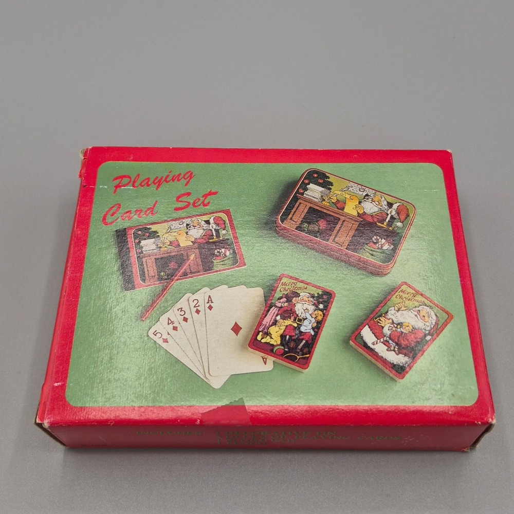 Vintage JSNY Christmas Santa Playing Card Set Sealed Decks with Tin Score Pad